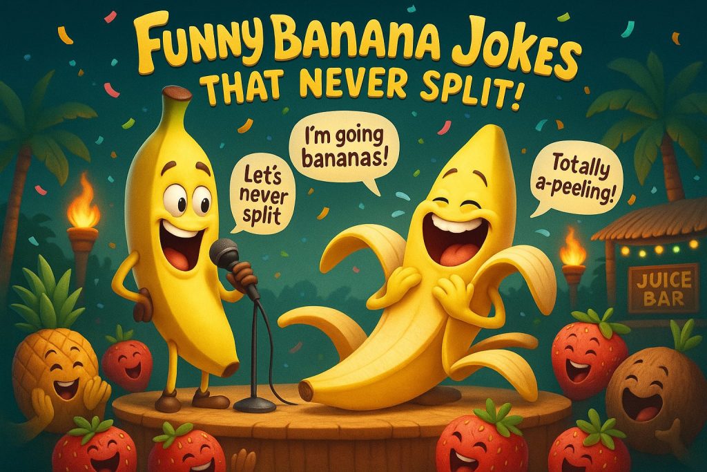 banana-puns-and-jokes-3 banana puns and jokes — from funny banana one liners and dad jokes to cute, split-worthy, and a-peel-ing wordplay.